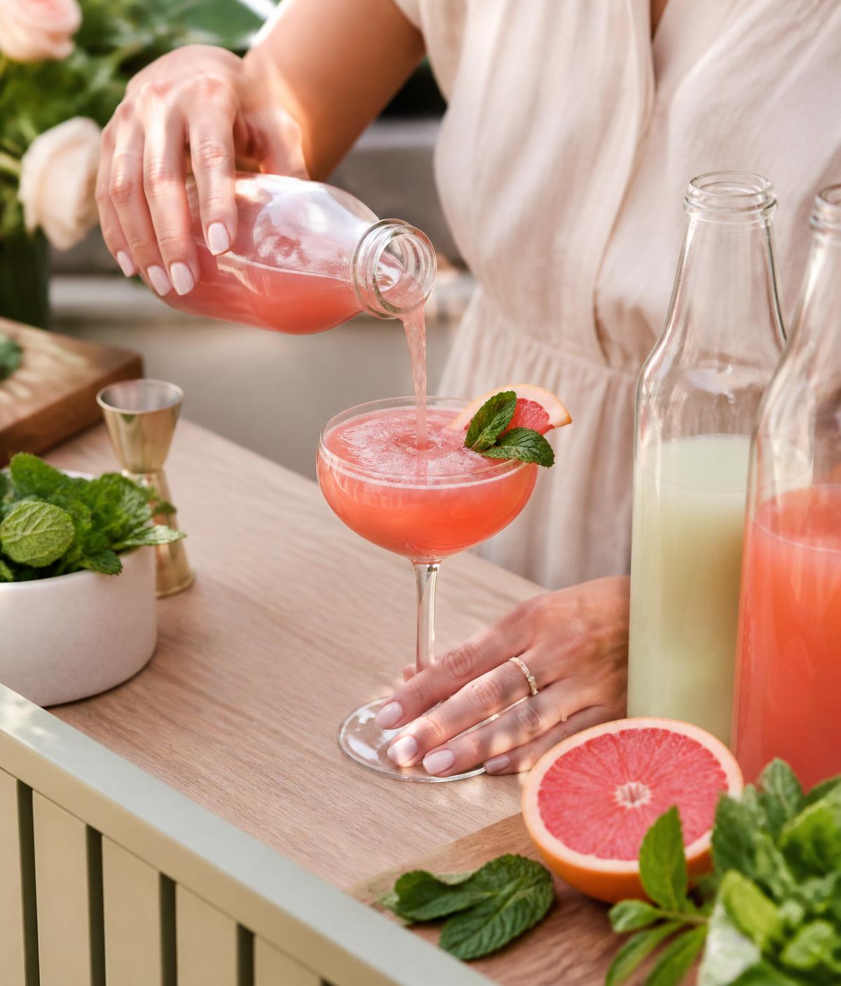 A mocktail being poured over ice with fresh fruit garnish at an event booth